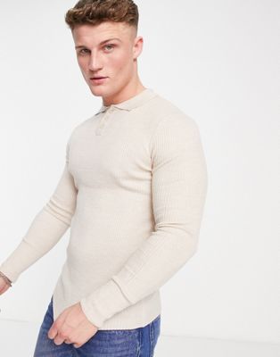 ASOS DESIGN knitted muscle fit rib polo jumper in oatmeal