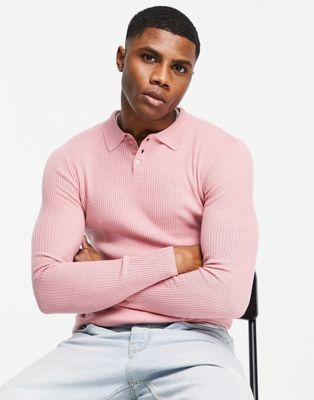 ASOS DESIGN knitted muscle fit rib polo jumper in pink