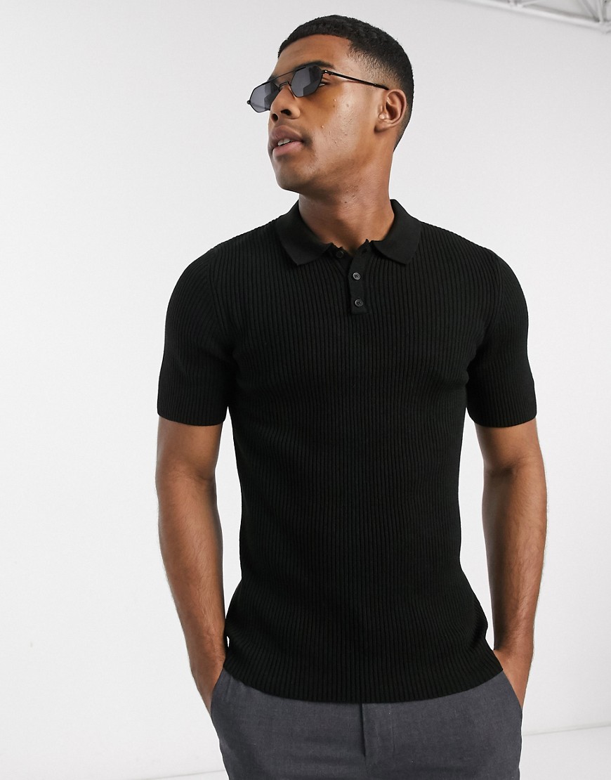 ASOS DESIGN knitted muscle fit rib polo t-shirt in black