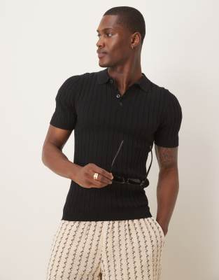 Asos Design Knitted Muscle Fit Rib Polo T-shirt In Black