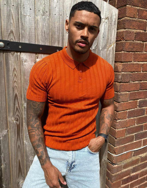 ASOS DESIGN knitted muscle fit rib polo t-shirt in burnt orange