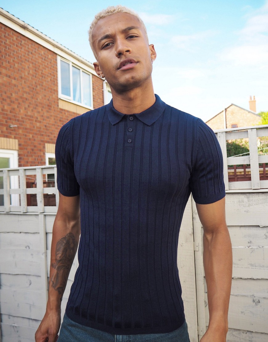 ASOS DESIGN knitted muscle fit rib polo t-shirt in navy