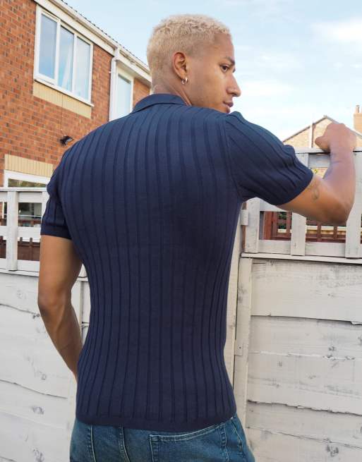 ASOS DESIGN knitted muscle fit rib polo t-shirt in navy, 2 of 4