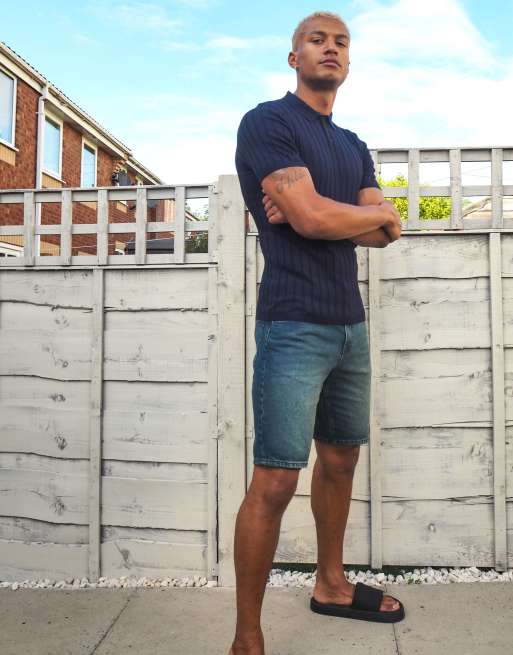ASOS DESIGN knitted muscle fit rib polo t-shirt in navy, 4 of 4