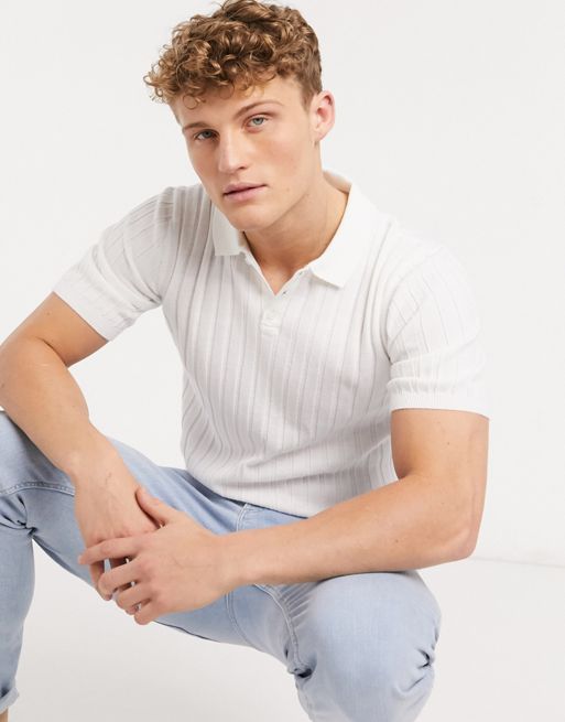 ASOS DESIGN knitted ribbed polo shirt in white