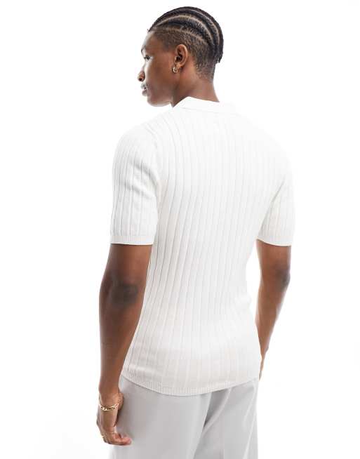 ASOS DESIGN knitted muscle fit rib polo t shirt in white