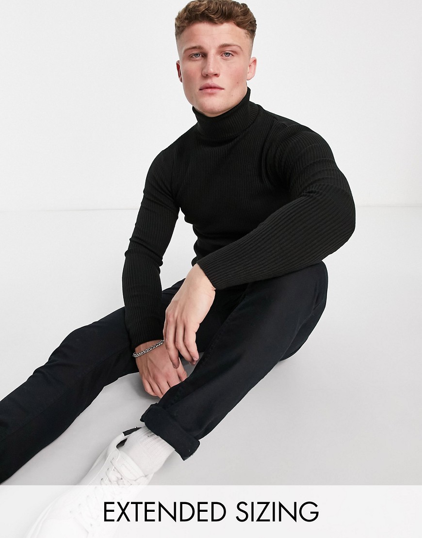 Asos Design Knitted Muscle Fit Rib Roll Neck Jumper In Black
