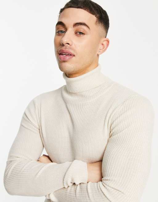 ASOS DESIGN knitted muscle fit rib roll neck jumper in oatmeal ASOS