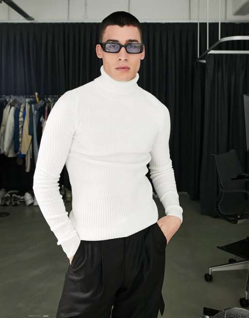 ASOS DESIGN knitted muscle fit rib roll neck jumper in white