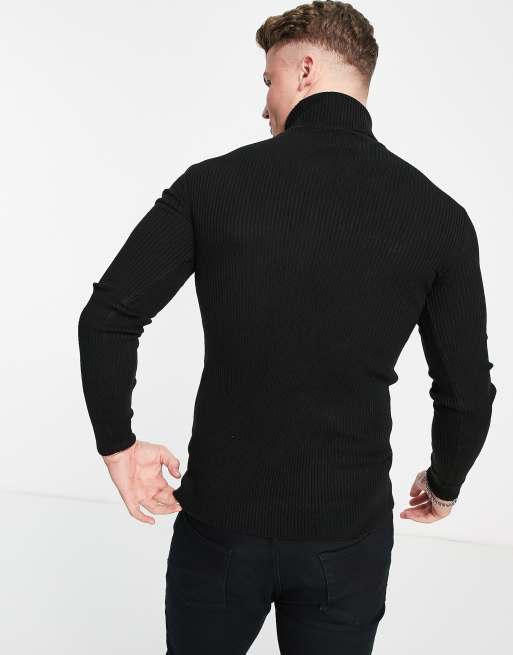 ASOS DESIGN knitted muscle fit rib roll neck sweater in black