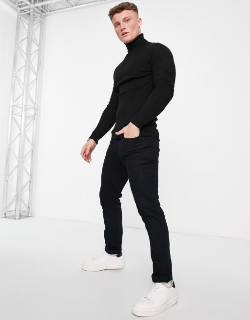 ASOS DESIGN knitted muscle fit rib roll neck sweater in black