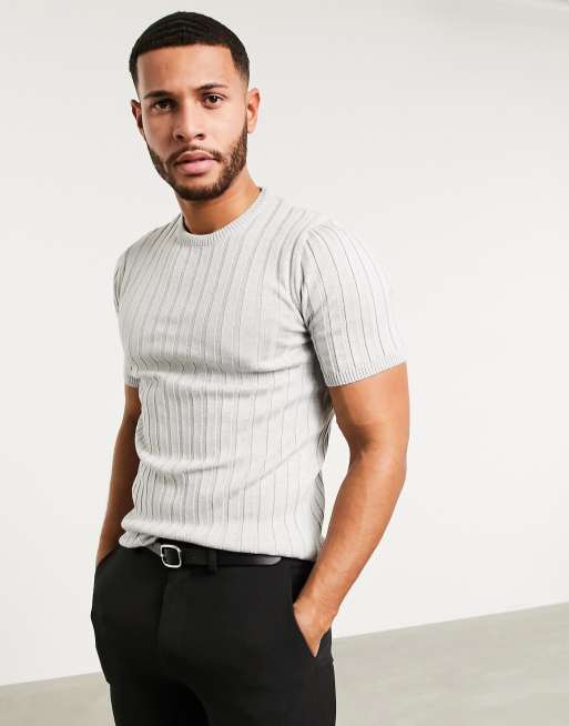 ASOS DESIGN knitted muscle fit rib t-shirt in gray twist