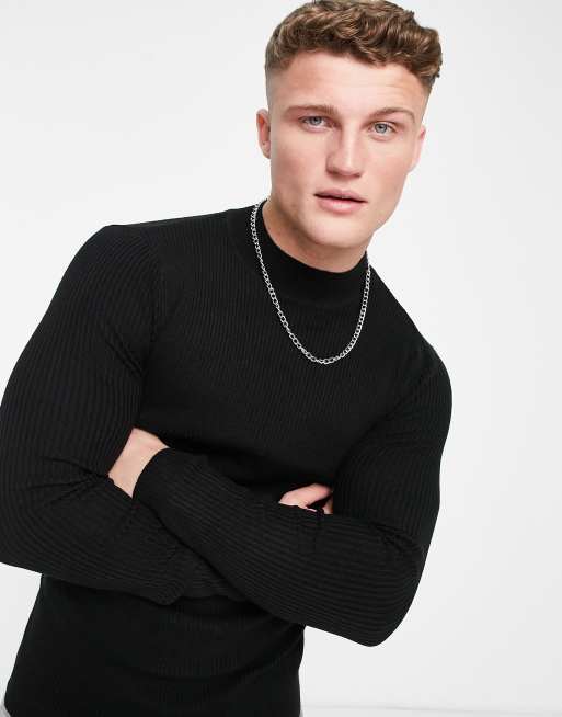 Asos design muscle fit ribbed shop roll neck jumper in black