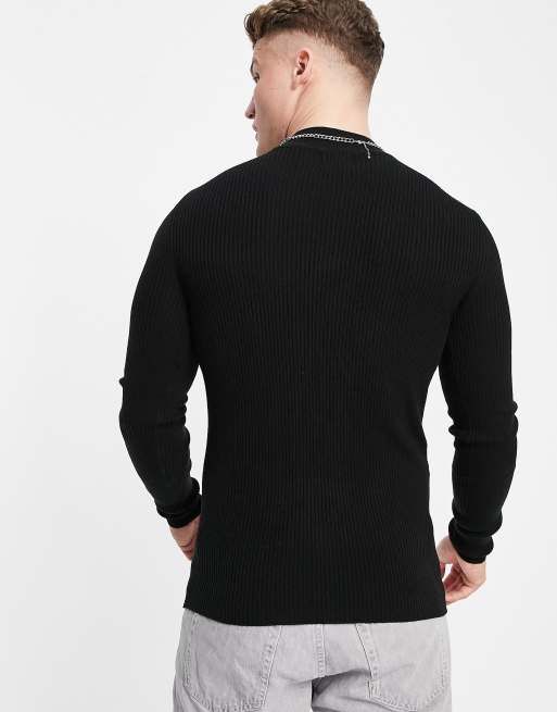 ASOS DESIGN knitted muscle fit rib turtle neck jumper in black | ASOS