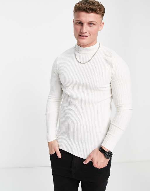 ASOS DESIGN knitted muscle fit rib turtle neck sweater in white ASOS