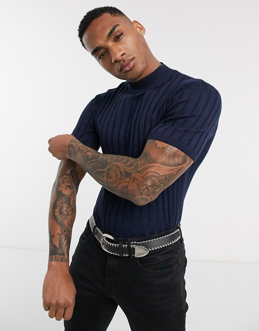 ASOS DESIGN knitted muscle fit rib turtle neck t-shirt in navy twist