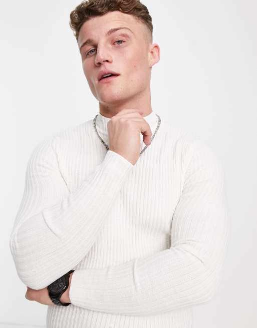 ASOS DESIGN knitted muscle fit rib turtleneck jumper in white