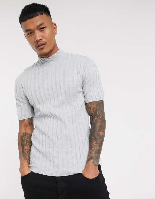 ASOS DESIGN knitted muscle fit rib turtleneck t-shirt in gray twist