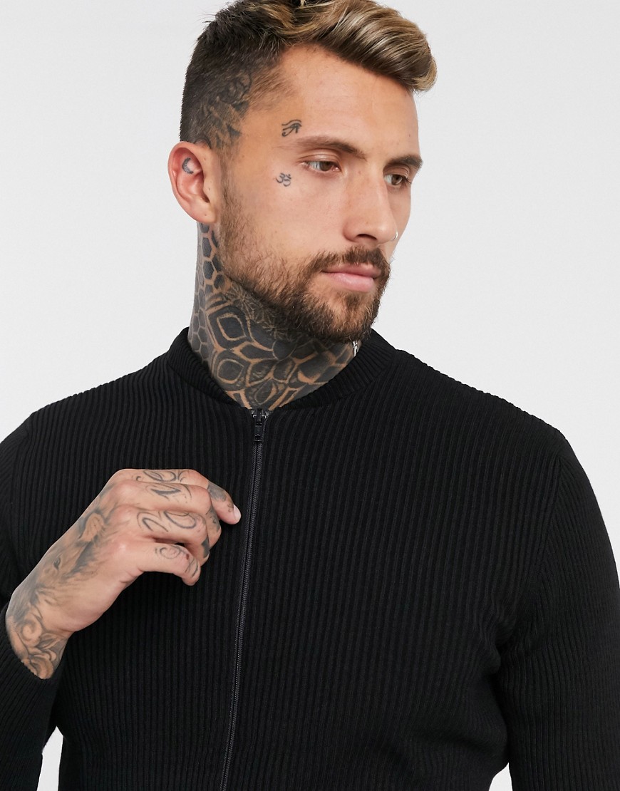 ASOS DESIGN knitted muscle fit ribbed bomber jacket in black