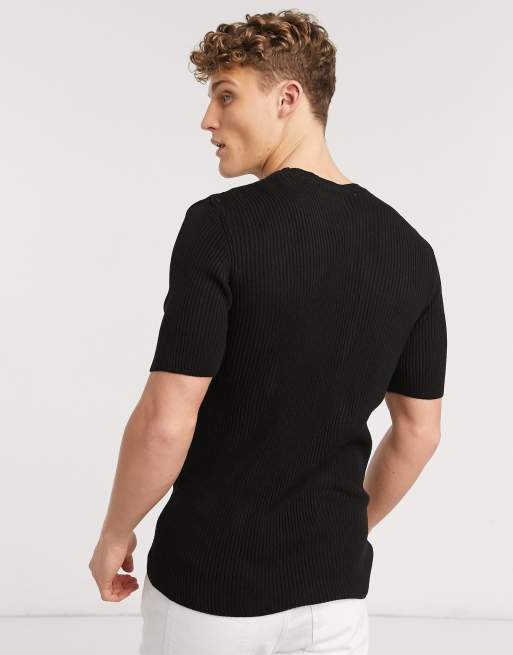 ASOS DESIGN knitted muscle fit ribbed t-shirt in black, 2 of 4