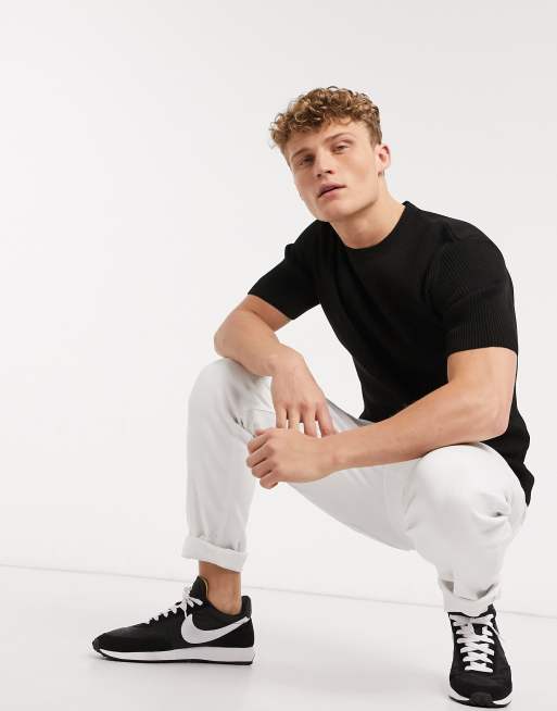 ASOS DESIGN knitted muscle fit ribbed t-shirt in black, 4 of 4