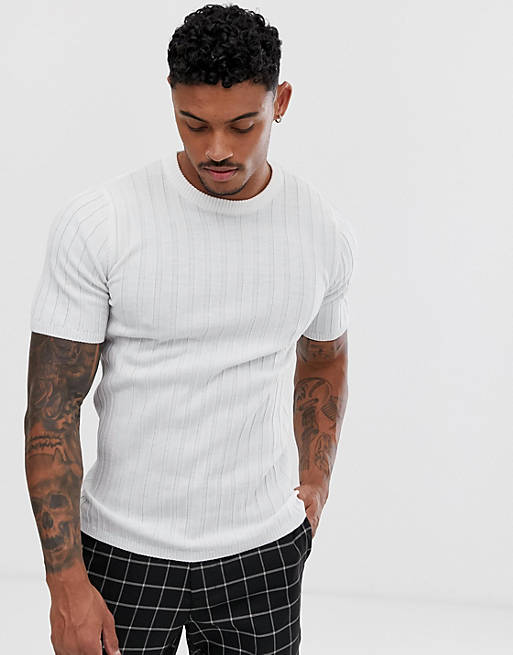 ASOS DESIGN knitted muscle fit ribbed t-shirt in white | ASOS