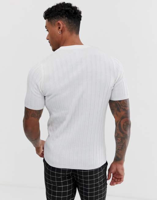 ASOS DESIGN knitted muscle fit ribbed t-shirt in white