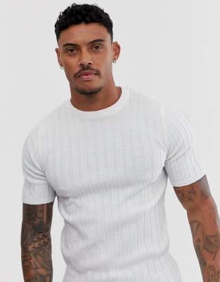 ASOS DESIGN knitted muscle fit ribbed t-shirt in white