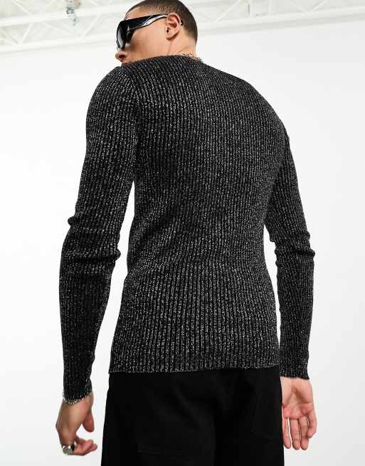 ASOS DESIGN knitted muscle fit sweater in silver and black