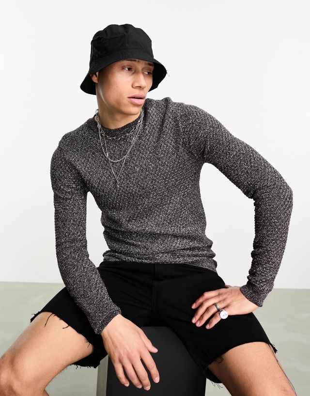 ASOS DESIGN knitted muscle fit sweater in silver texture