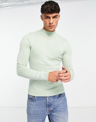 ASOS DESIGN knitted muscle fit turtle neck jumper in green