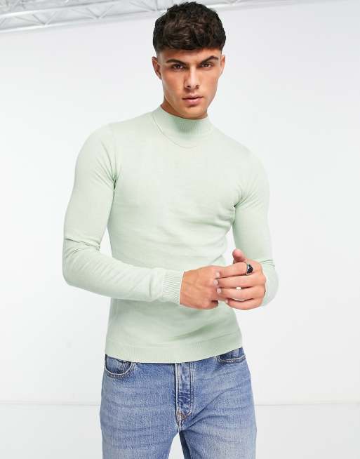 ASOS DESIGN knitted muscle fit turtle neck jumper in green | ASOS