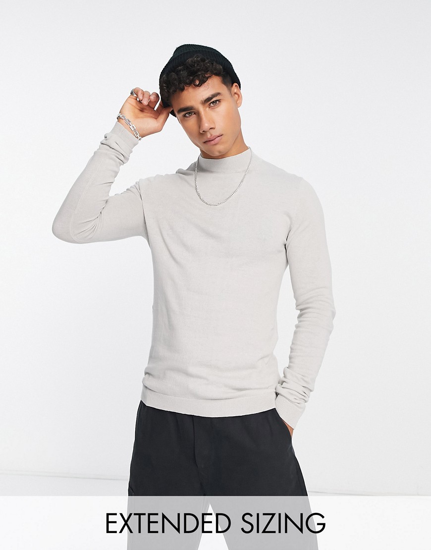 ASOS DESIGN knitted muscle fit turtle neck jumper in light grey