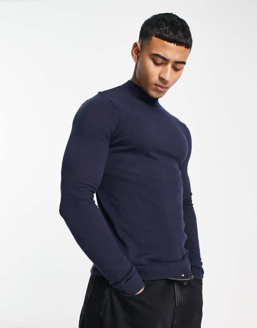 ASOS DESIGN knitted muscle fit turtle neck jumper in navy | ASOS