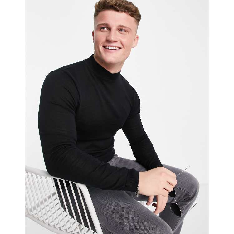 ASOS DESIGN knitted muscle fit turtle neck sweater in black | ASOS