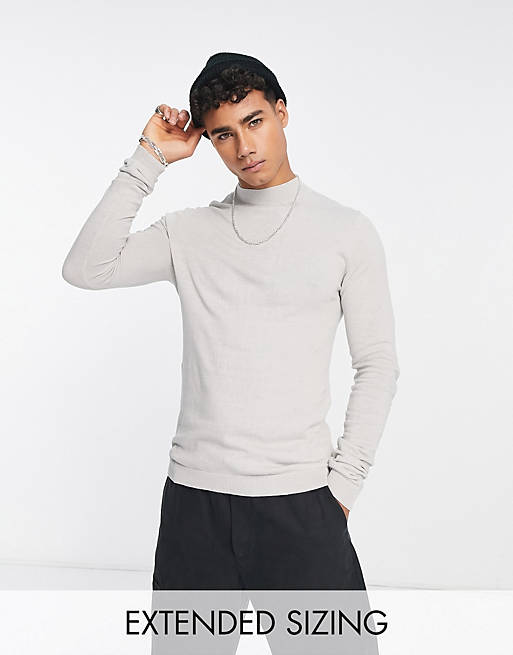 ASOS DESIGN knitted muscle fit turtle neck sweater in light gray