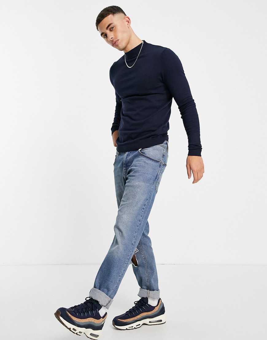 ASOS DESIGN knitted muscle fit turtle neck sweater in navy