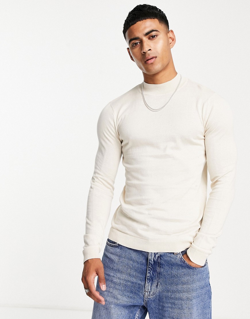 ASOS DESIGN knitted muscle fit turtle neck sweater in oatmeal-Green