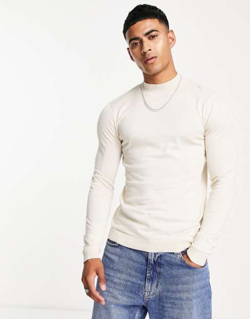 ASOS DESIGN knitted muscle fit turtle neck sweater in oatmeal