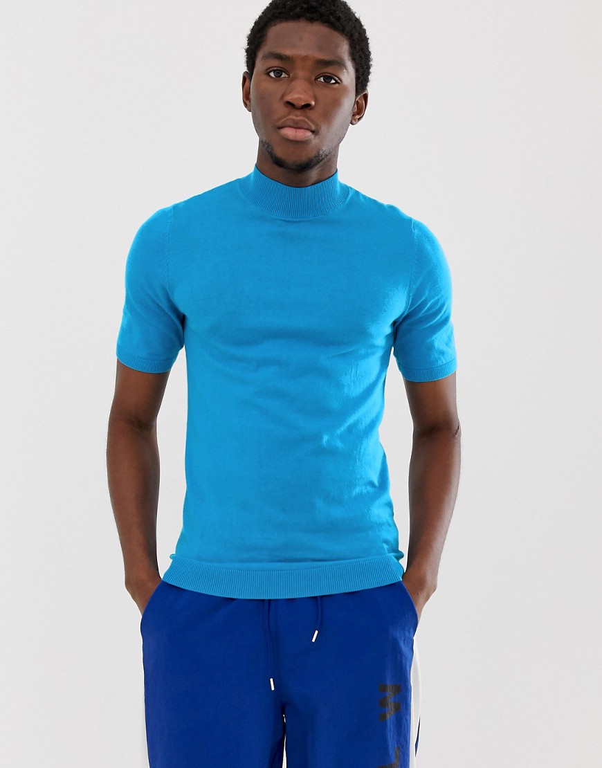 ASOS DESIGN knitted muscle fit turtle neck t-shirt in blue