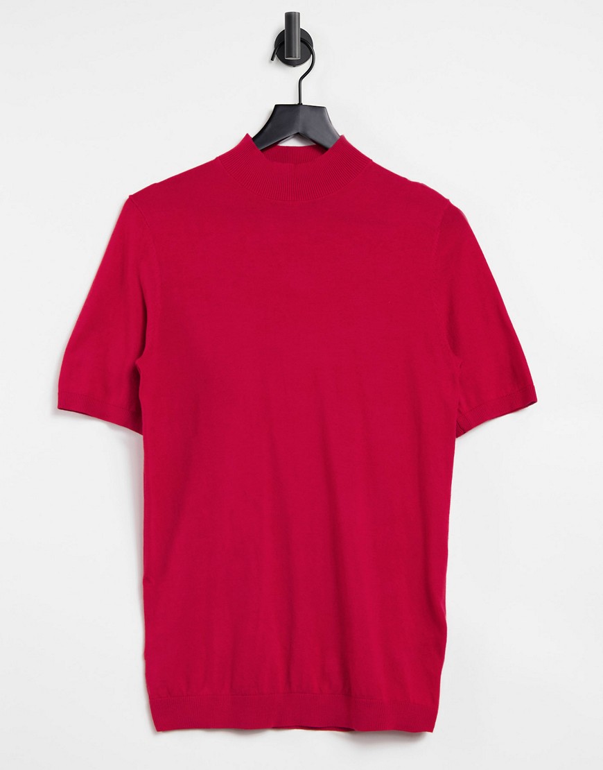 ASOS DESIGN knitted muscle fit turtle neck t-shirt in raspberry-Red