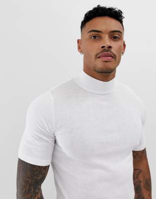 ASOS DESIGN knitted muscle fit turtle neck t-shirt in white