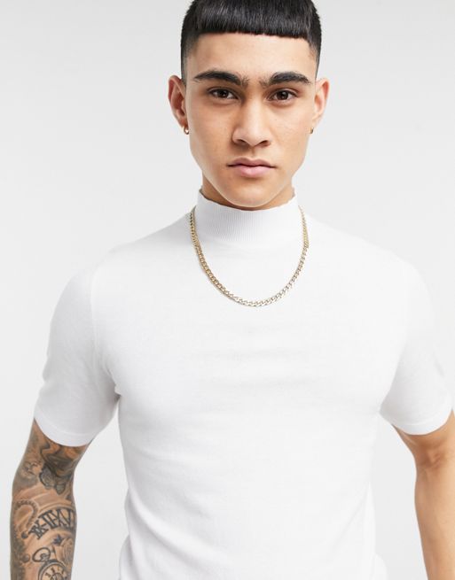 ASOS DESIGN knitted muscle fit turtle neck t-shirt in white
