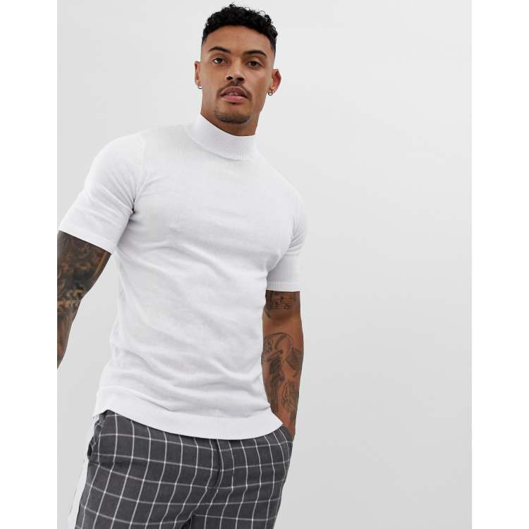 ASOS DESIGN knitted muscle fit turtleneck t-shirt in white