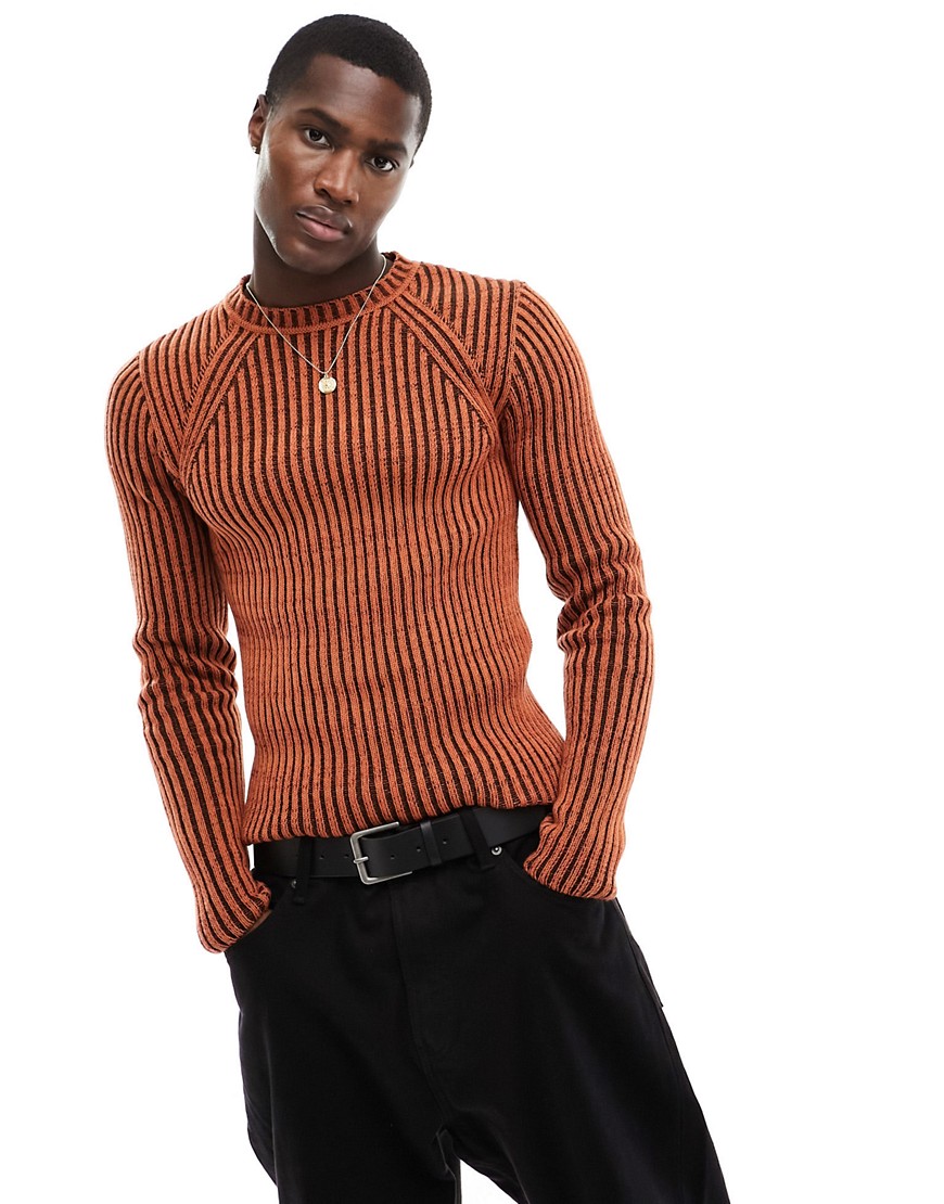 Asos Design Knitted Muscle Plated Rib Sweater In Burnt Orange
