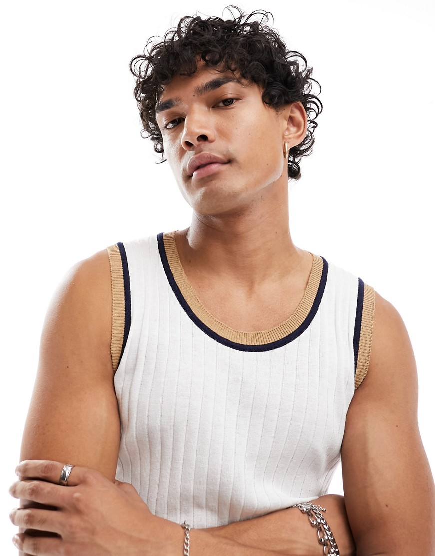 ASOS DESIGN knitted muscle vest with contrast rib in white