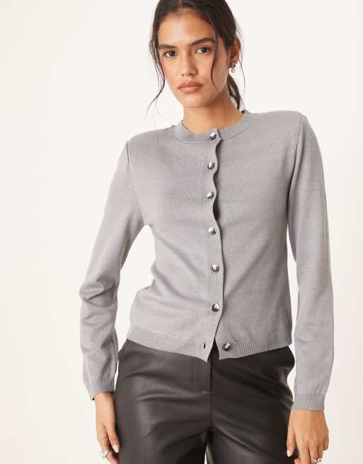 ASOS DESIGN knitted neat fit cardigan with shoulder pads in grey marl, 2 of 4