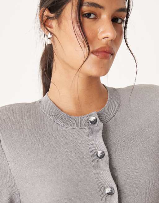 ASOS DESIGN knitted neat fit cardigan with shoulder pads in grey marl, 3 of 4