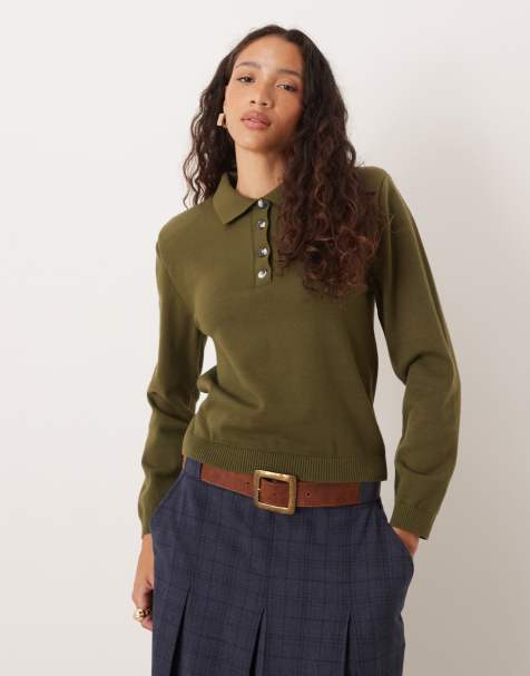 ASOS DESIGN knitted neat fit rugby top with shoulder pad in khaki - view 1