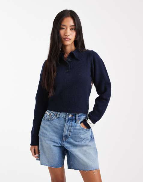 ASOS DESIGN knitted nipped waist long sleeve polo top in navy - view 1